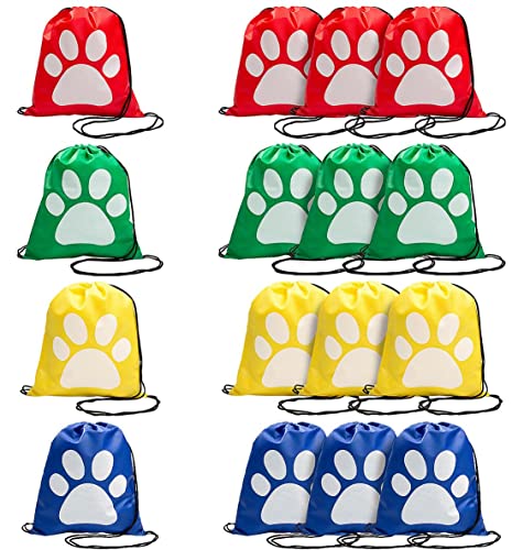 Fun Express Paw Print Drawstring Backpack - set of 12 reusable bags - Puppy, Patrol and Cat Party Favor Bags