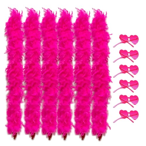 LIULIUBTY Colored Feathers 6 Pcs Flapper Colorful Feather Boas 6.6ft for Party with Frameless Sunglasses Party Favor Carnival (6 Hot Pink)