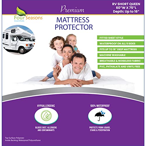 RV Short Queen Waterproof Mattress Protector (60' Wx75 L) - Fitted Sheet Style - Hypoallergenic Premium Quality Cover Protects Against Dust, Allergies