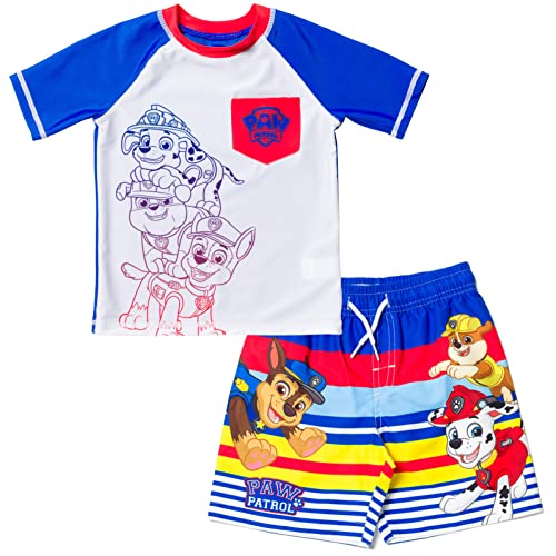 Paw Patrol Chase Marshall Rubble Toddler Boys Rash Guard and Swim Trunks Outfit Set White/Blue 4T