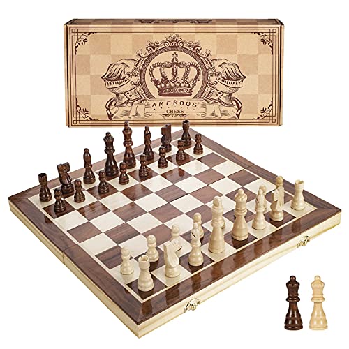 AMEROUS 15 Inches Magnetic Wooden Chess Set - 2 Extra Queens - Folding Board - Pieces Storage Slots, Handmade Portable Travel Chess Game - Beginner Chess Set for Kids, 6 up Age