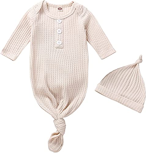 Twopumpkin Baby Girl Boy Coming Home Knotted Gown Unisex Newborn Infant Sleep Onesie Outfit Cute Baby Winter Pajamas (A Waffle Knit Cream,0-3 Months)