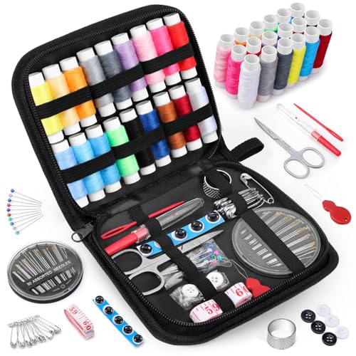 Coquimbo Sewing Kit Gifts for Grandma, Mom, Friend, Adults Beginner Kids Traveler, Portable Sewing Supplies Accessories with Case Contains Thread, Needle, Scissors, Measure Tape, Thimble etc(Black, M)
