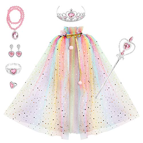 Fedio Princess Cape Set 7 Pieces Girls Princess Cloak with Tiara Crown, Wand for Little Girls Dress up (Rainbow)