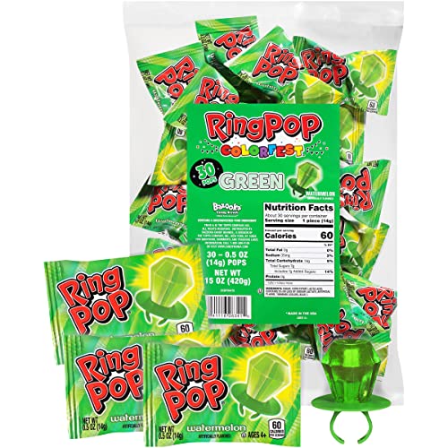 Ring Pop Individually Wrapped Green Watermelon 30 Count Bulk Lollipop Pack – Watermelon Flavored Lollipop Suckers - Fun Candy Bulk For Party Favors, Color-themed parties, & Bachelorette Parties