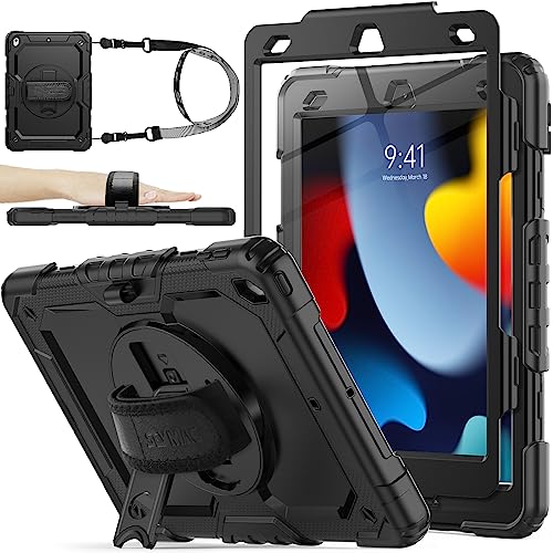 SEYMAC stock iPad 9th/ 8th/ 7th Generation Case 10.2’’, Shockproof with Screen Protector Pencil Holder 360° Rotating Hand Strap &Stand, for 10.2 inch 2021/2020/2019 (Black)