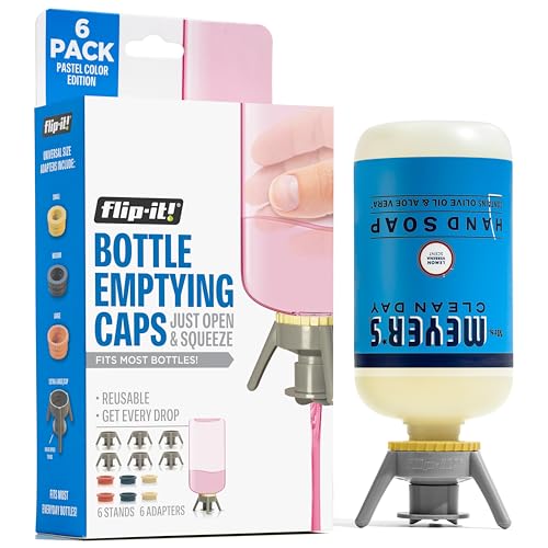 Flip-It! Bottle Emptying Kit – 6 Bottle Pack - No more wasted product - Fits most plastic bottles – 6 Base Caps, 6 Adapters – Pastel Color Edition