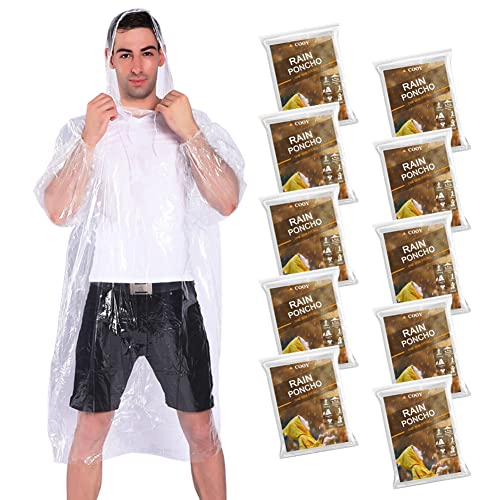 COOY Rain Ponchos,with Drawstring Hood （10 Pack） Emergency Disposable Rain Ponchos Family Pack for Adults,Clear…