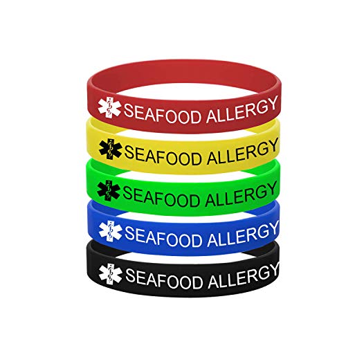 MZZJ 5 Pack-SEAFOOD ALLERGY Bracelet Medical Alert ID Jewelry Food Allergy Bracelet,12MM Width 100% Silicone Rubber Safety ID Outdoor Sport Health Warning Bracelet Band for Boy Girl,7.48',Style 5