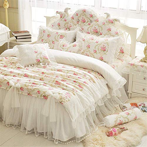 LELVA Girls Bedding Set Lace Ruffle Duvet Cover Sets with Bed Skirt Princess Bedding Set Vintage Floral Print Duvet Cover Twin Size 4 Piece (Full, White)