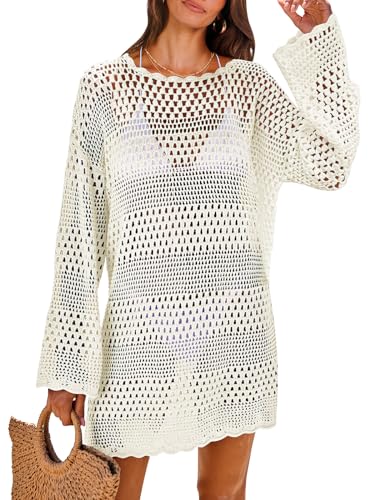 ANRABESS Women Swimsuit Crochet Swim Cover Up Summer Bathing Suit Pool Swimwear Mesh Knit Coverups Beach Dress 2024 Spring Vacation Travel Outfits Fashion Clothes 958baise-S White