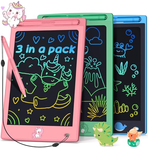 FLUESTON LCD Writing Tablet for Kids,Drawing Tablet for Boys Girls 3 4 5 6 7 8 Year,8.8 Inch 3pcs in 1 Pack Drawing Pad Toy Christmas Birthday Gifts for Toddler,Doodle Board Cute Dinosaur Unicorn