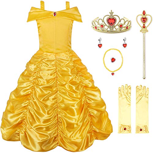 JerrisApparel Princess Dress Off Shoulder Layered Costume for Little Girl (5 Years, Yellow with Accessories)
