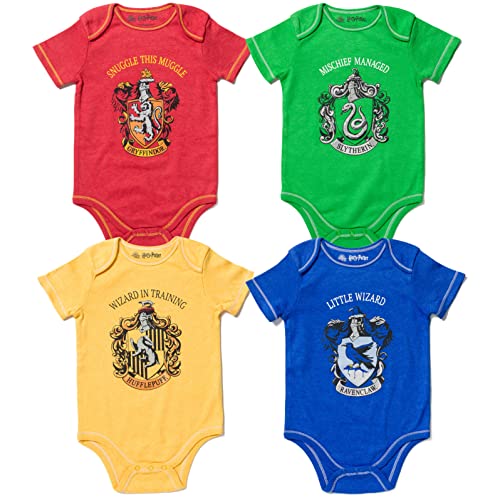 Harry Potter Gryffindor Hufflepuff Ravenclaw Slytherin Infant Baby Boys 4 Pack Bodysuits 12 Months