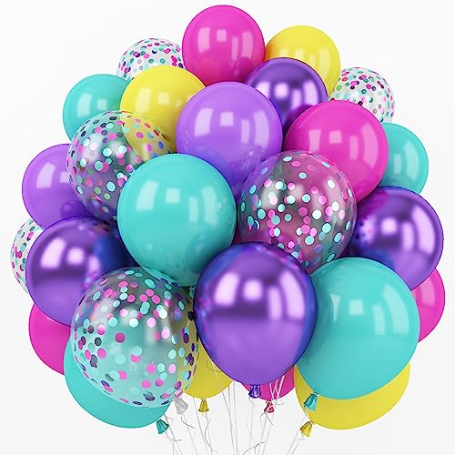 Pink Blue Purple Balloon, 60 Pcs 12 Inches Hot Pink Metallic Purple Teal Yellow Balloons Confetti Balloons for Kids Magic Theme Birthday Decoration Baby Shower Engagement Party Supplies