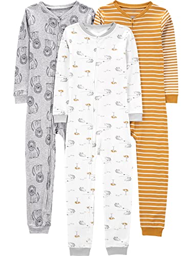 Simple Joys by Carter's Baby Boys' 3-Pack Snug Fit Footless Cotton Pajamas, Gold Stripe/Grey Lion/White Animal, 7