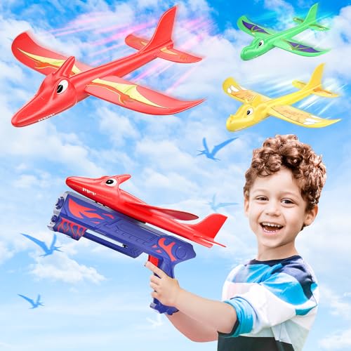 FRONTSUN 3 Pack Dinosaur Airplane Launcher Toys, 2 Flight Modes Kids Outdoor Flying Toys Airplanes Foam Glider Catapult Planes, Birthday Gifts for Boys Girls 3 4 5 6 7 8 9 10 11 12 Year Old