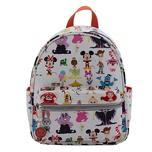 Disney 100 Mini Backpack Purse with Multi Character Allover Print & Molded Metal Logo Charm, 10.5 Inch, Adjustable Straps, Faux Leather