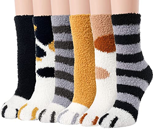 Ginmewrae Women Fuzzy Socks 6 Pairs Cozy Soft Fluffy Cute Cat Animal Slipper Socks Home Sleeping Warm Socks Christmas Gifts Pack for Women