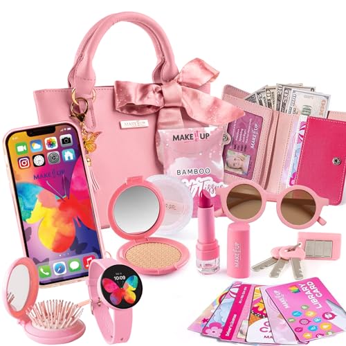 Princess Pretend Play Girls Purse & Toddler Girl Toys Make Up Set I Kids Purse & Fake Makeup Toys I Little Girl Purse with Accessories Phone, Wallet, Play Makeup & More I Toys for 3+ Year Old Girls