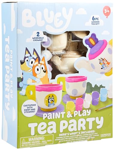 Bluey Paint & Play Tea Party, 6-Piece Wooden Tea Set, Customize with Paint & Bluey Stickers, 2 Wearable Crowns, Fun Toys for Kids, Cute Birthday Party Decorations, Pretend Play Tea Party, Bluey Toys