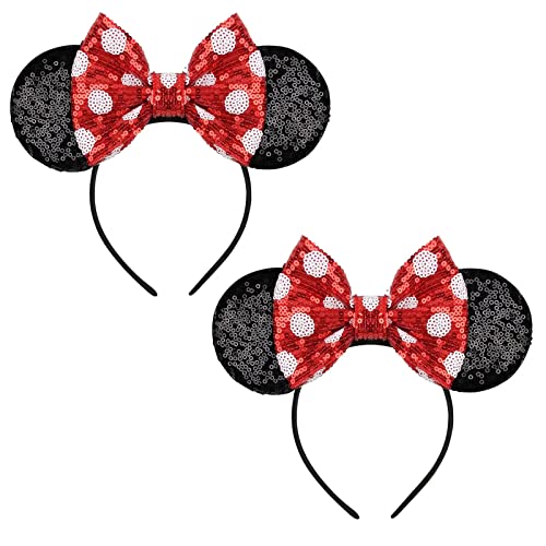 FANYITY Mouse Costume Ears,2 Pcs Mouse Ears Headbands for Girls & Women Party,Size Free (Red Bow Points)