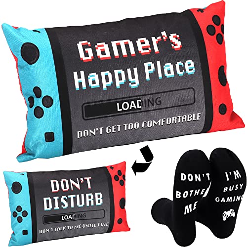 Gamer Gifts for Teen Boys, Letter Print Gaming Room Decor, Gaming Gifts for Men Boyfriends, Gamer Socks + Throw Pillow Covers For Home, 20x12 Inch