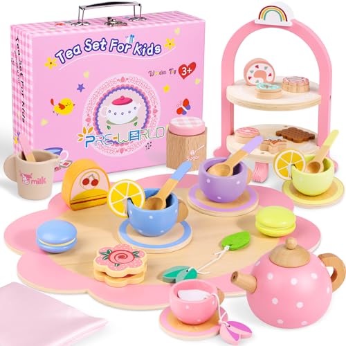 Wooden Tea Party Set for Little Girls,PRE-WORLD 37PCS Toys Toddler Tea Set with Play Food Dessert Cookies, Cake Stand & Tablecloth,Kids Pretend Play Kitchen Accessories Toy for Girls Boys Age 3-6