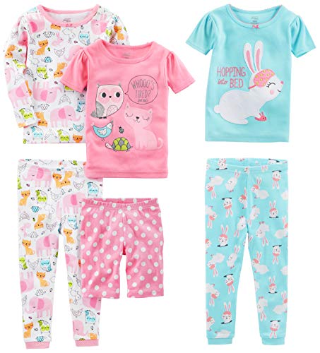 Simple Joys by Carter's Girls' 6-Piece Snug Fit Cotton Pajama Set, Blue Bunny/Pink Dots/White Forest Animals, 4T