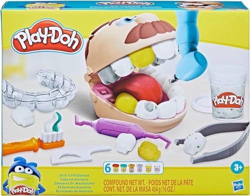 Play-Doh Drill 'n Fill Dentist Toy for Kids 3 Years and Up with Cavity and Metallic Colored Modeling Compound, 10 Tools, 8 Total Cans, 2 Ounces Each, Non-Toxic, Assorted Colors