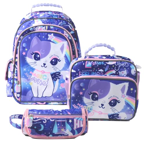 16 Inch Girls Backpack with Lunch Box and Pencil Case 3 in 1 Cute Purple Cat Backpacks for Girls Kindergarten Preschool Elementary Kawaii Kids Backpack with Bento Lunch Bag