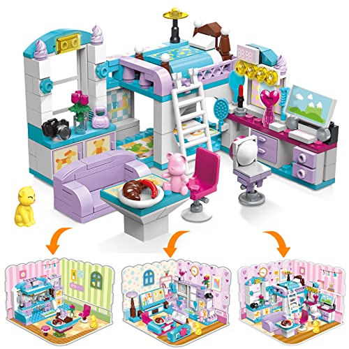 Scosloo Girl's Dream House Building Blocks Toy for Age 6-12, Creates 3 Scenes Friends Model Kits, Bedroom or Kitchen or Living Room, 194Pcs Education Toy Building Set for Birthday