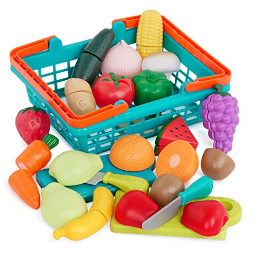 Battat- Play Food Toys For Kids – Food Set With Cutting Boards And Accessories – Farmers Market Produce Basket- Toddler Pretend Fruit- Farmers Market Produce Basket- 2 years + (37 Pcs)