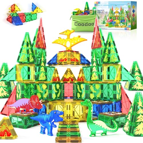Dinosaur Toys Magnetic Tiles - Magnet Building Blocks for Toddler Kids Toys STEM Sensory Outdoor Toys for 3+ Year Old Boys and Girls, Dinosaur World Creative Games Kids Toys