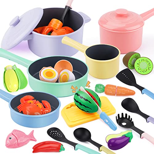 GILOBABY Play Kitchen Accessories, Play Food Sets for Kids Kitchen Playset with Pots and Pans Set, Cooking Utensils, Preschool Learning Education Toys for Toddlers, Birthday Gifts for Girls (Pink)