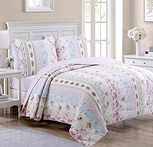 Cozy Line Home Fashions 100% Cotton Real Patchwork Pink Floral Cottage Shabby Chic Reversible Quilt Bedding Set, Bedspread, Coverlet (Wild Rose, Twin - 2 Piece)