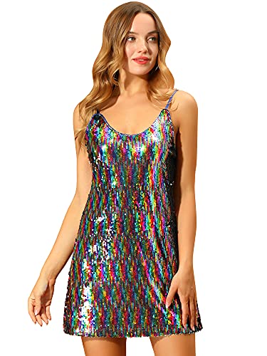 Allegra K Women's Glitter Sequin Dress V Neck Spaghetti Strap Christmas Mini Party Dress Clubwear X-Large Rainbow