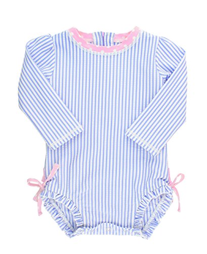 RuffleButts® Baby/Toddler Girls Long Sleeve One Piece Swimsuit - Blue Seersucker with UPF 50+ Sun Protection - 12-18m