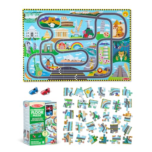 Melissa & Doug Race Around the World Tracks Cardboard Jigsaw Floor Puzzle and Wind-Up Vehicles – 48 Pieces, for Boys and Girls 4+ - FSC Certified