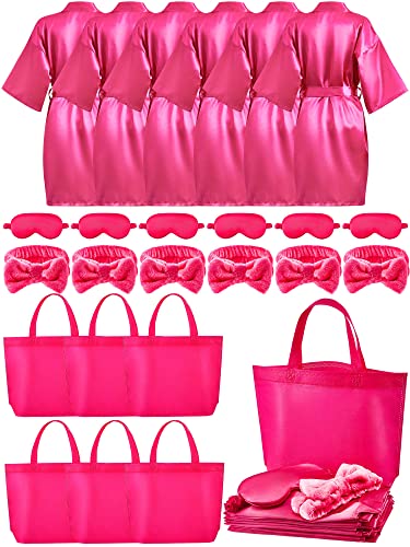 24 Pcs Kids Spa Party Supplies for Girls 6 Spa Party Robes 6 Tote Bags 6 Headbands 6 Spa Masks for Flower Girl Slumber Spa Wedding Birthday Party Favors (Rose Red, Size 10)