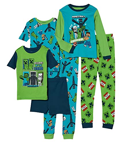 Minecraft Boys 6-piece Snug-fit Cotton Pajama Set, Blue, Green, 8 US