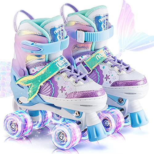 NEMONE Mermaid or Bunny Strawberry 4 Size Adjustable Light up Roller Skates for Girls, Purple Blue Skates for Toddlers, Beginner Kids Roller Skates Indoor Outdoor (Blue, S)