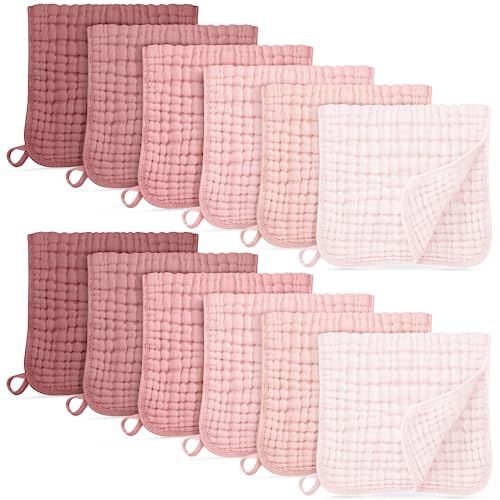 Unnivoll Muslin Burp Cloths for Baby 100% Cotton Burping Cloths for Boys Girls Large 20''X10'' Extra Soft and Absorbent 12 Pack - Gradient Pink