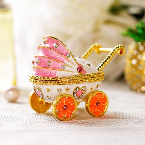 YU FENG 2.5'' Baby Pink Carriage Stroller Shaped Jewelry Trinket Boxes Hinged,Hand-painted Enameled Decorative Box Jewelry Ring Holder Organizers For Women,Girls