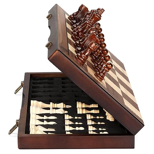 Magnetic Wooden Chess Board Set with Manual for Adults Kids 15 Inch Chess Puzzle with Handmade Pieces, Folding Portable Travel Unique Chess Game for Tournament Professional Beginner