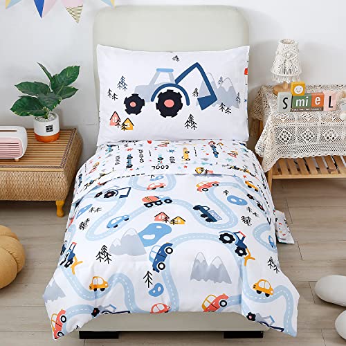 PERFEMET Toddler Bedding Kids 4 Pieces Bed in A Bag for Boys Cars Printed Microfiber Toddler Comforter Sets with Standard Pillow Case Modern Bedroom Collection, White
