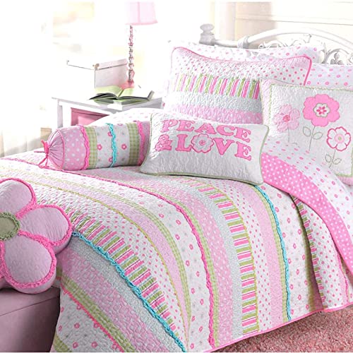 Cozy Line Home Fashions Pink Polka Dot Flower Girl 100% Cotton Reversible Quilt Bedding Set, Coverlet, Bedspread (Greta Pastel, Queen - 3 Piece: 1 Quilt + 2 Shams)
