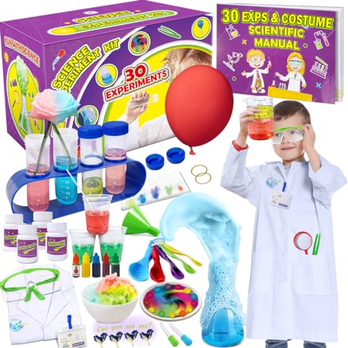 UNGLINGA 30 Experiments Science Kit for Kids with Lab Coat, Chemistry Set STEM Toys Birthday Gifts for Boys Girls, Scientist Costume Role Play Tools Educational Learning Set