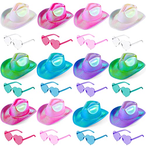 Holographic Blue Space Cowgirl Hat with Rimless Sunglasses Neon Sparkly Cowboy Hat and Heart Sunglasses Cowboy Cowgirl Hats Fun Party Hats and Goggles for Women Men Girls Boys Kids Party (24 Pcs)