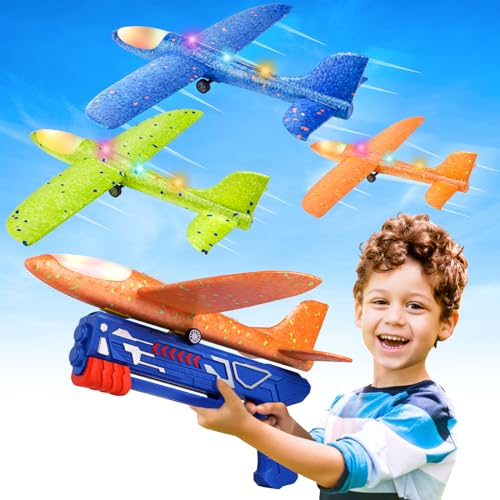 Fuwidvia 3 Pack Airplane Launcher Toys, 13.2'' LED Foam Glider Catapult Plane Toy for Boys, 2 Flight Modes Outdoor Flying Toys Birthday Gifts for Boys Girls 4 5 6 7 8 9 10 11 12 Year Old
